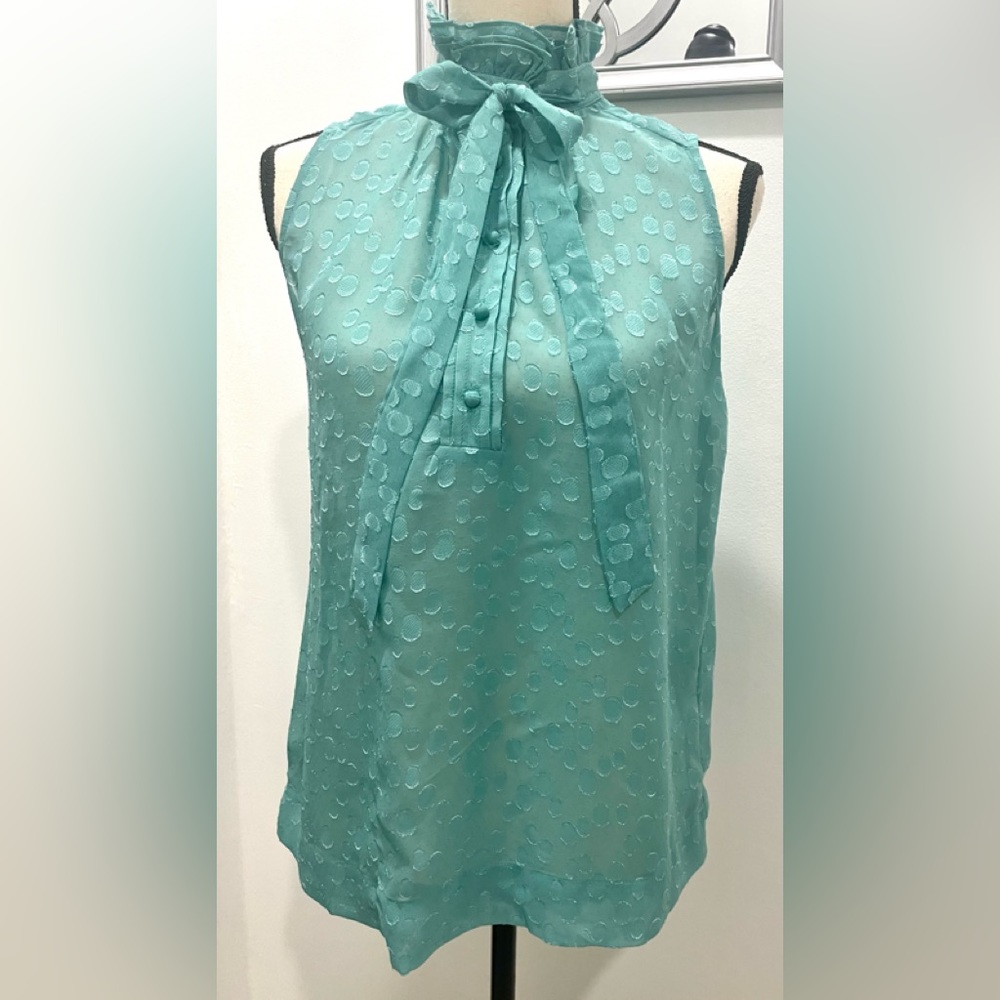 MISS CLOSET SLEEVELESS RUFFLE STAND COLLAR TIE-NECK GREEN SHEER BLOUSE SIZE S